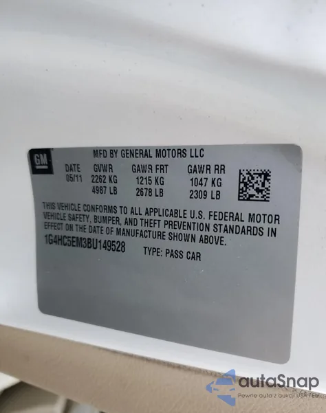 2011 Buick Lucerne Cxl из США, поврежденный, VIN 1G4HC5EM3BU149528